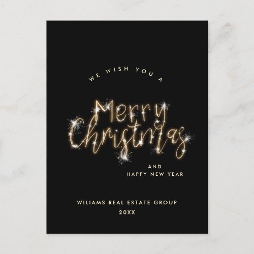 Minimalist Golden Sparkle Lights Black Christmas Postcard