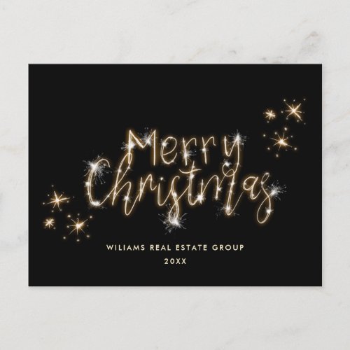 Minimalist Golden Sparkle Lights Black Christmas Postcard