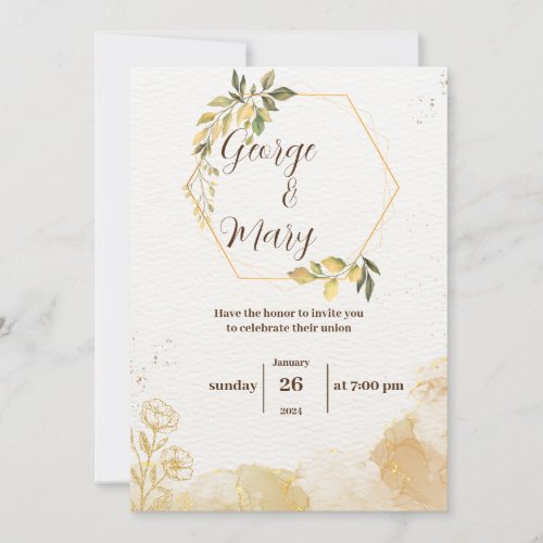 Minimalist golden watercolor wedding invitation
