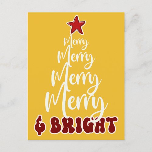 Minimalist Golden Yellow Red Merry and Bright  Holiday Postcard
