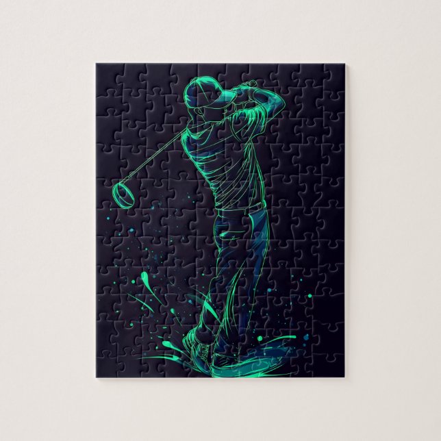Minimalist Golfer Green Glow Silhouette Jigsaw Puzzle (Vertical)
