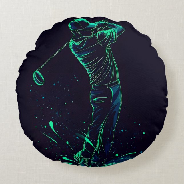Minimalist Golfer Green Glow Silhouette Round Pillow (Front)