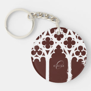 Minimalist Gothic Window Calligraphy Burgundy Keychain