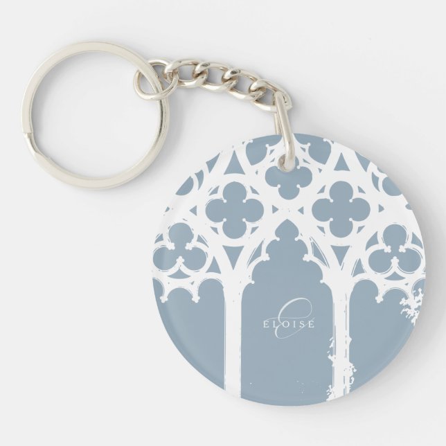 Minimalist Gothic Window Calligraphy Cadet Grey Keychain (Front)
