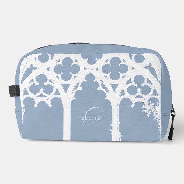 Minimalist Gothic Window Calligraphy Pale Blue Dopp Kit (Front)