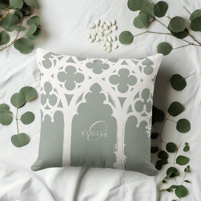 Minimalist Gothic Window Calligraphy Pale Olive Throw Pillow (Creator Uploaded)