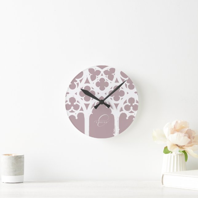 Minimalist Gothic Window Calligraphy Pale Pink Round Clock (Home)