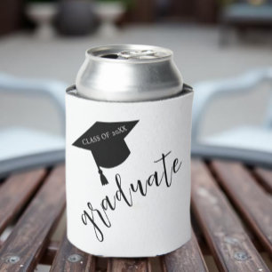 Minimalist Grad Cap Black & White Graduation Can Cooler