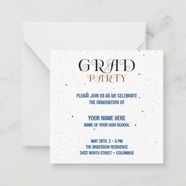Minimalist Grad Party Blue Black & White Script Note Card (Front)