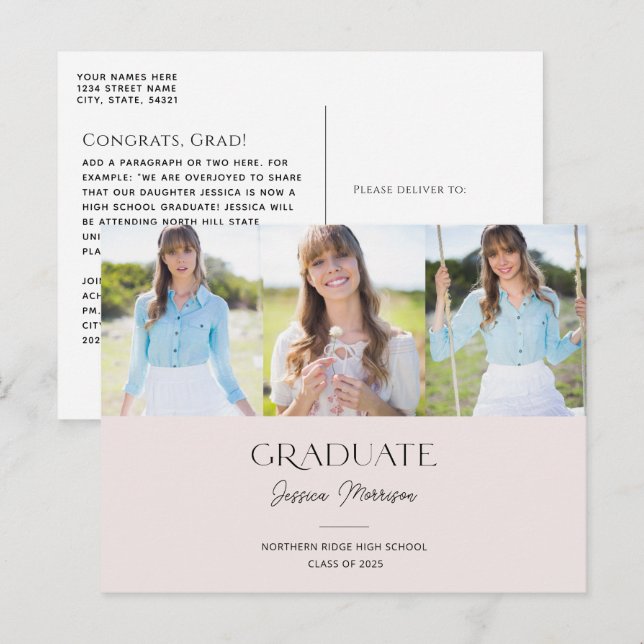Minimalist Graduate Blush Pink 3-Photos Graduation Postcard (Front/Back)