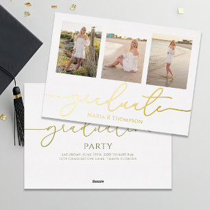 Minimalist Graduate Gold Script Photo Collage Foil Invitation