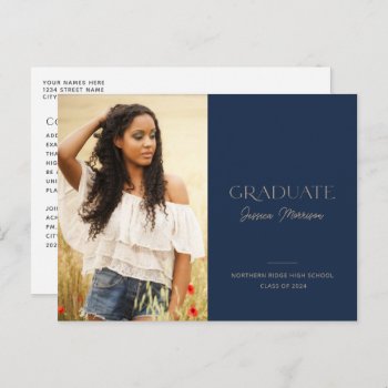 Minimalist Graduate Navy Blue 1-photo Graduation Postcard by dulceevents at Zazzle