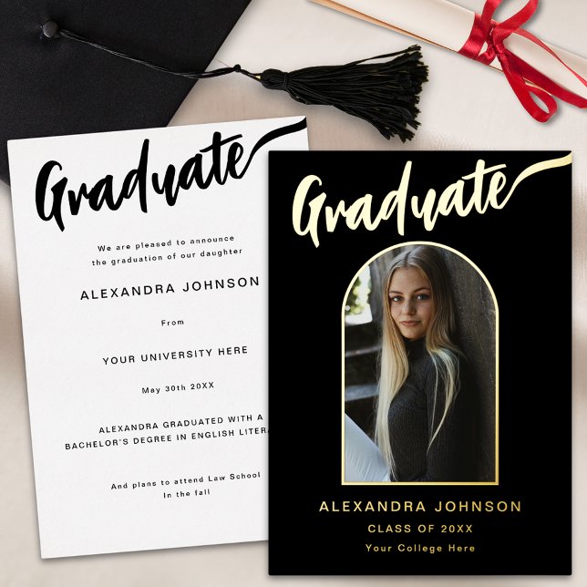 Minimalist Graduate Photo Script Black and Gold Foil Invitation (Minimalist graduate photo arch elegant calligraphy black and gold foil Graduation announcement card)