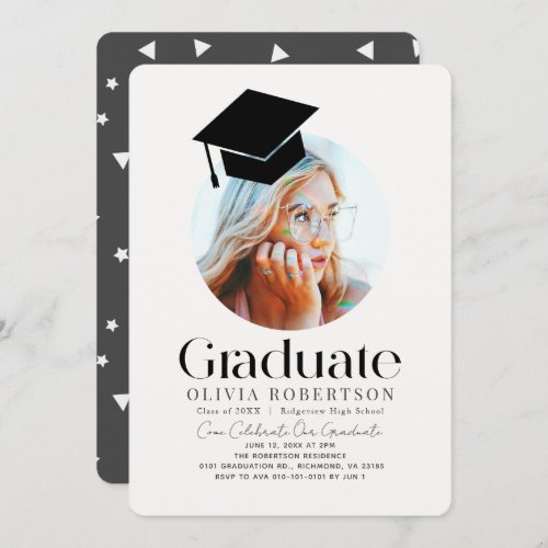 Minimalist Graduation Cap Dark Gray Photo Invitation