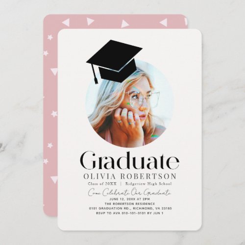 Minimalist Graduation Cap Pink Photo Invitation