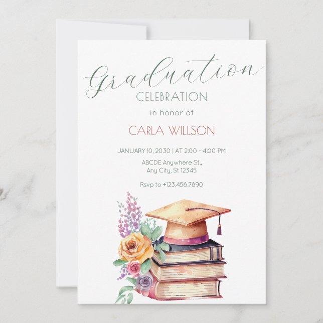 Minimalist graduation cap with flowers  invitation (Front)