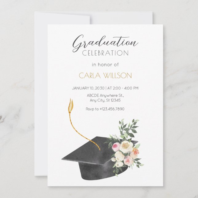 Minimalist graduation cap with flowers  invitation (Front)