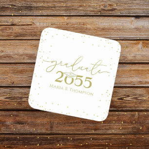 Minimalist Graduation Gold Modern Calligraphy Square Paper Coaster