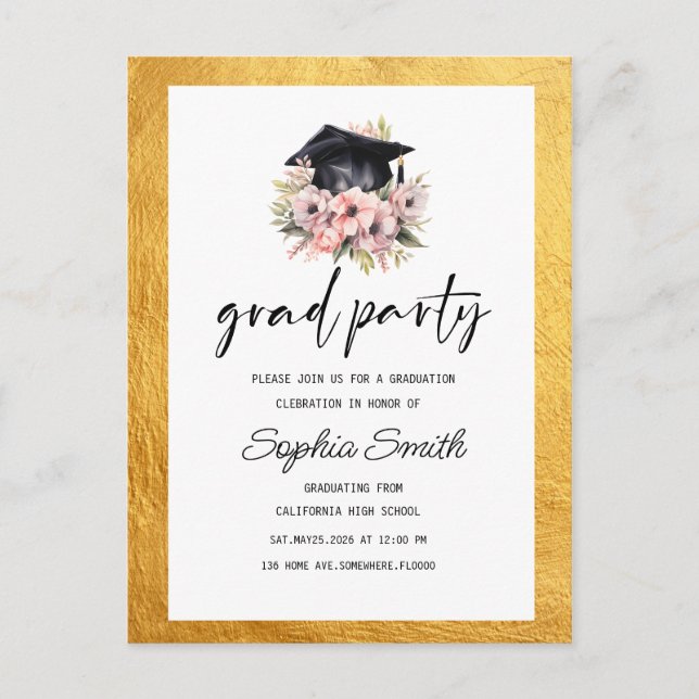 Minimalist  Graduation Invitation, Elegant gold Holiday Postcard (Front)