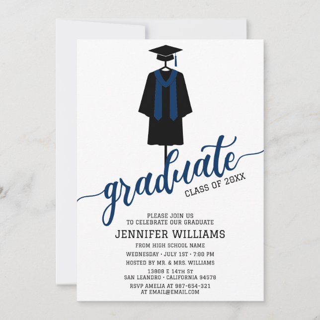 Minimalist Graduation Party Cap & Gown Navy Blue Invitation (Front)
