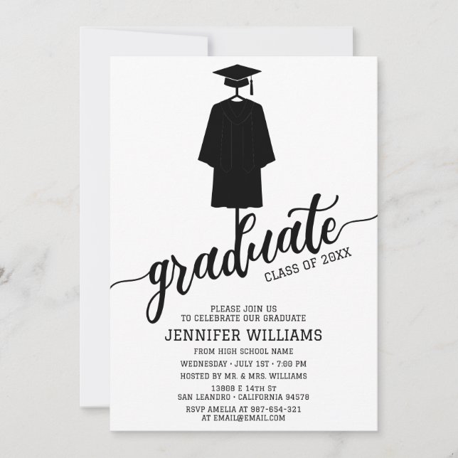 Minimalist Graduation Party with Cap & Gown Black Invitation (Front)