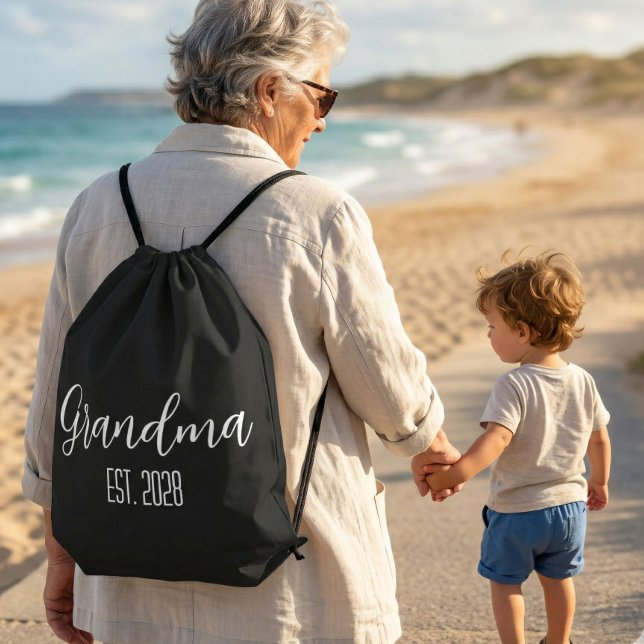 Minimalist Grandma Established White Script Text Drawstring Bag (Creator Uploaded)