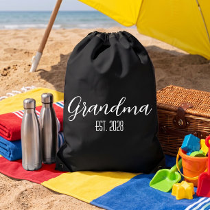 Minimalist Grandma Established White Script Text Drawstring Bag