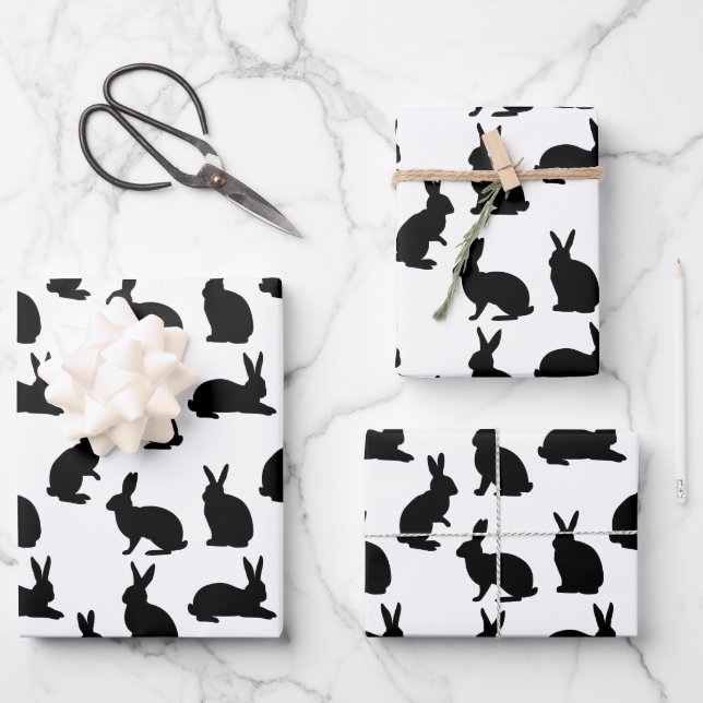 Minimalist Graphic Bunny Pattern In Black Easter Wrapping Paper Sheets (Front)