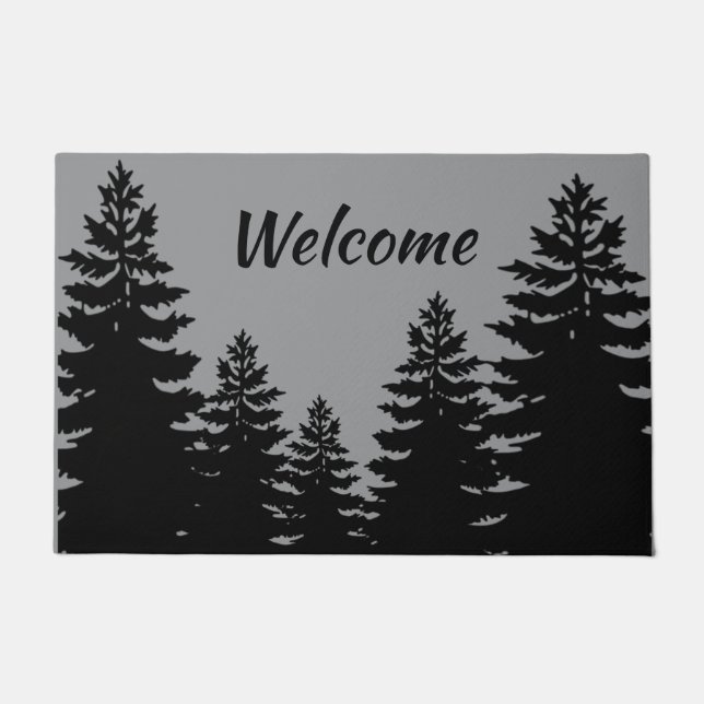 Minimalist gray and black  pine tree silhouette  a doormat (Front)