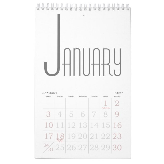 Minimalist Gray and white Calendar (Jan 2027)