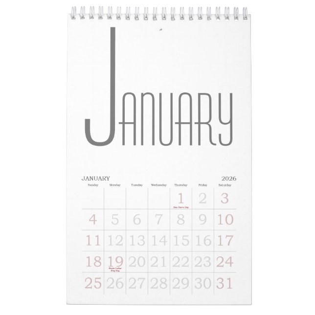 Minimalist Gray and white Calendar (Jan 2026)