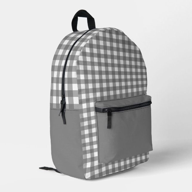 Minimalist Gray and White Plaid Pattern Printed Backpack (Back Corner Left)
