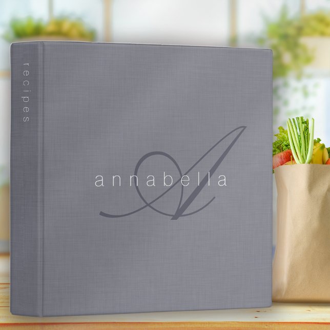 Minimalist Gray Blue Linen Monogram Script Recipe 3 Ring Binder (Creator Uploaded)