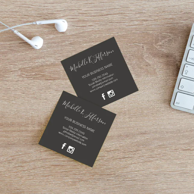 Minimalist Gray Cursive Text Social Media Icons Square Business Card ...