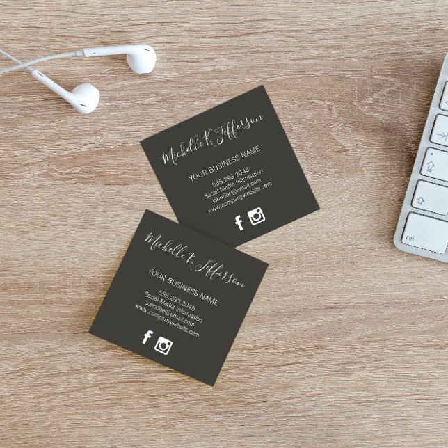 Minimalist Gray Cursive Text Social Media Icons Square Business Card (Creator Uploaded)