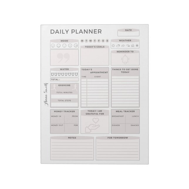 Minimalist Gray Daily Planner - Customizable Name Notepad (Rotated)