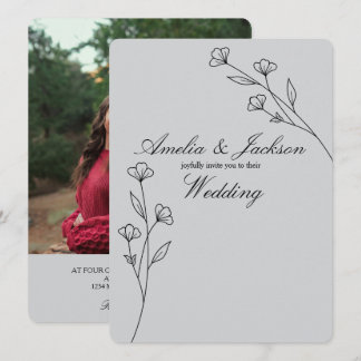 Minimalist Gray Floral Line Art Invitation