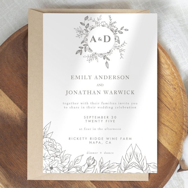 Minimalist Gray Floral Monogram Wedding Invitation (Creator Uploaded)