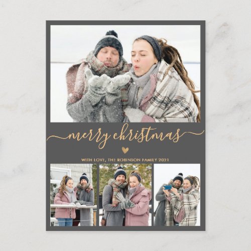 Minimalist Gray Gold 4 Photo Collage Christmas Postcard