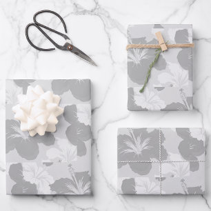 Minimalist Gray Hibiscus Floral Modern Wrapping Paper Sheets