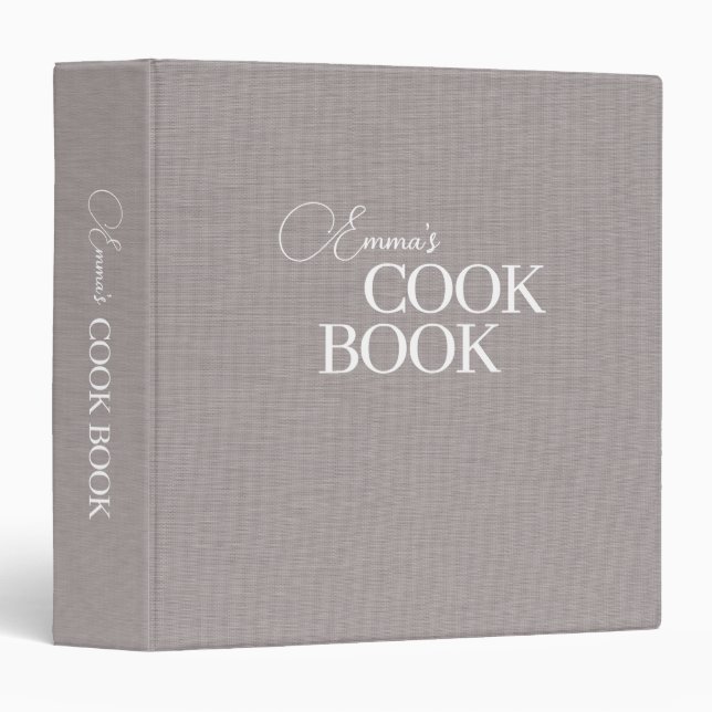 Minimalist Gray Linen Recipe Cook Book 3 Ring Binder (Front/Spine)