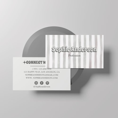 Minimalist Gray Retro Striped with Social Media Business Card