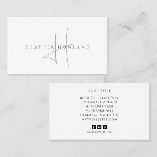 Minimalist Gray Script Monogram Name Business Card