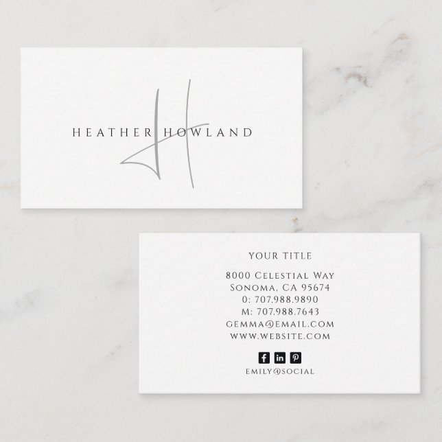 Minimalist Gray Script Monogram Name  Business Card (Front/Back)