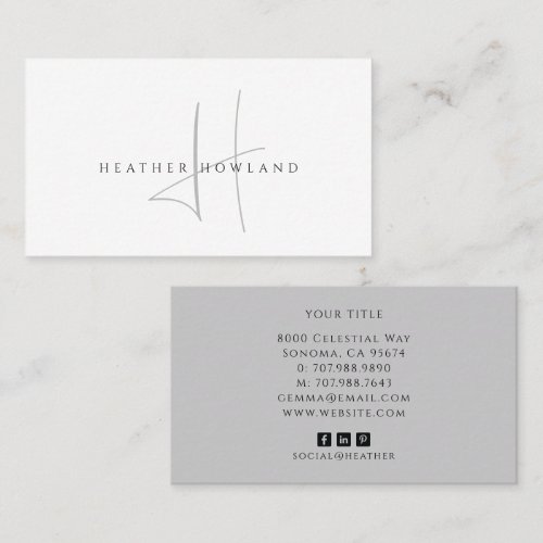 Minimalist Gray Script Monogram Name Business Card