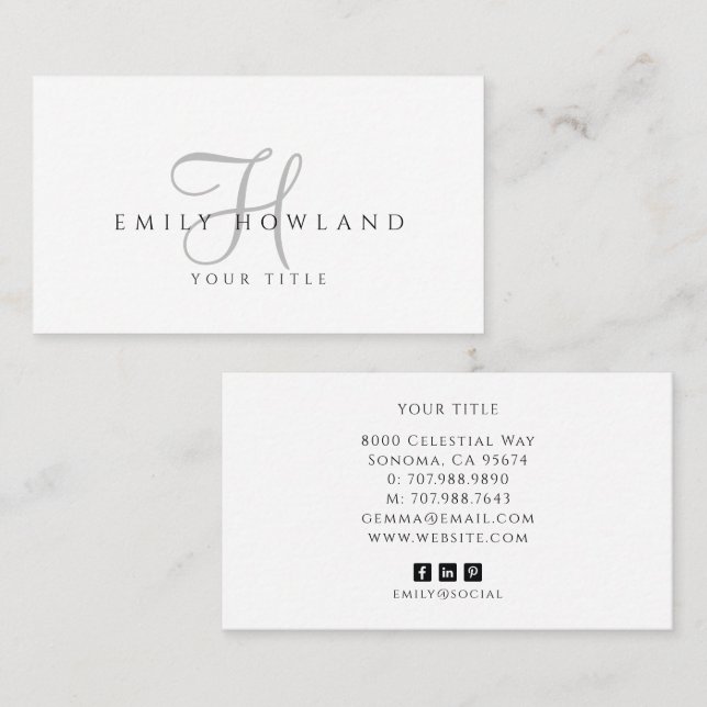 Minimalist Gray Script Monogram Name  Business Card (Front/Back)