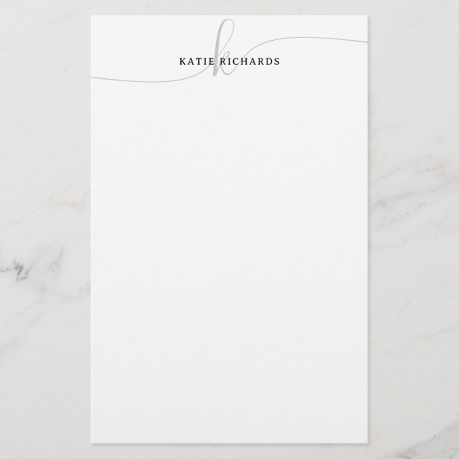 Minimalist Gray Script Monogram Stationery (Front)