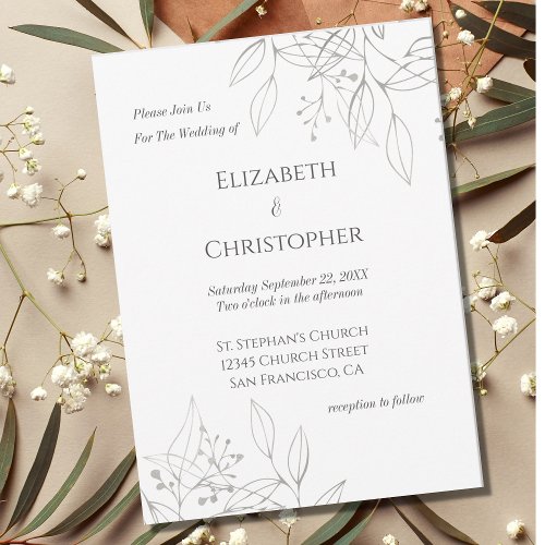 Minimalist Gray Silver Botanical Leaves Wedding Invitation