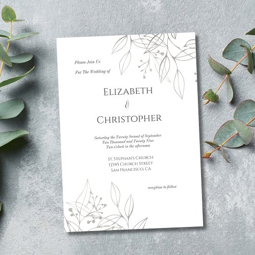 Minimalist Gray Silver Botanical Leaves Wedding Invitation