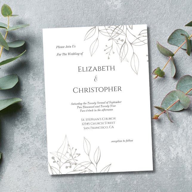 Minimalist Gray Silver Botanical Leaves Wedding Invitation (Silver Gray leaves botanical floral elegant Wedding invitation. Printed or Digital instant download)